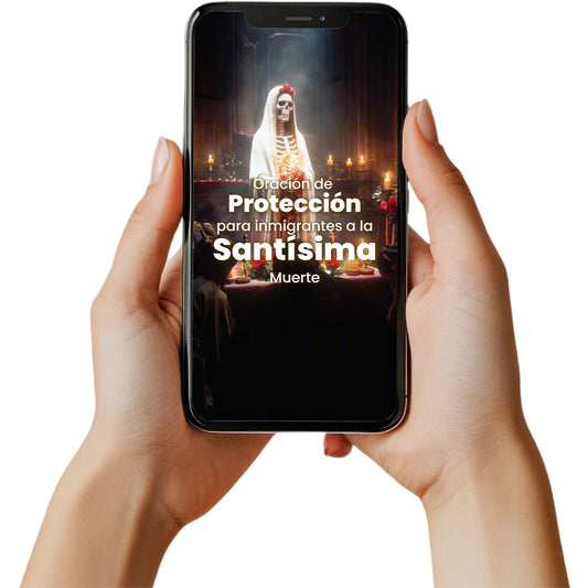 Oración virtual para inmigrantes a la Santa muerte blanca con foto personalizado