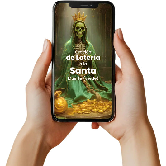 Oración virtual para lotería a la Santa muerte Verde con foto personalizado