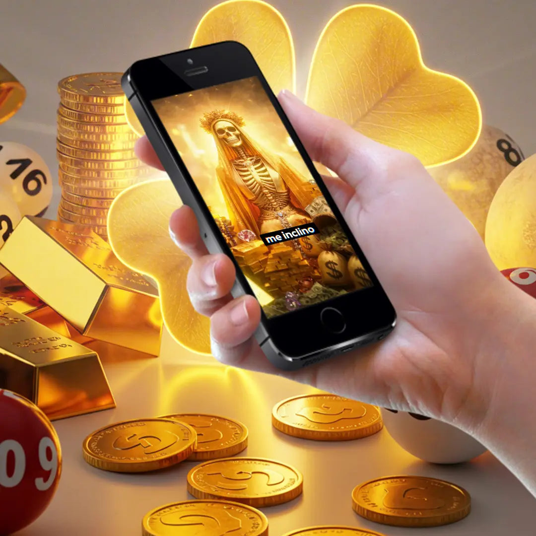 Oração virtual à Santa Morte Dourada para boa sorte com foto personalizada.